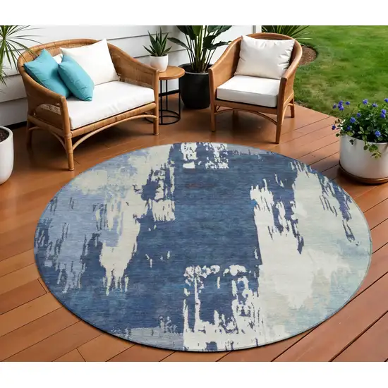 8' Blue And Ivory Round Abstract Washable Indoor Outdoor Area Rug Photo 1