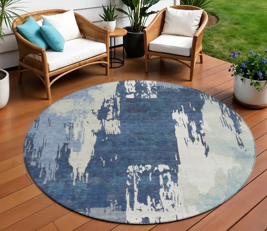 8' Blue And Ivory Round Abstract Washable Indoor Outdoor Area Rug Photo 1