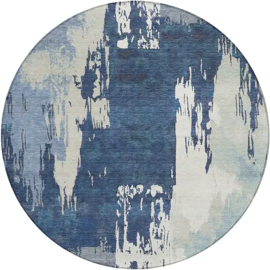 8' Blue And Ivory Round Abstract Washable Indoor Outdoor Area Rug Photo 2