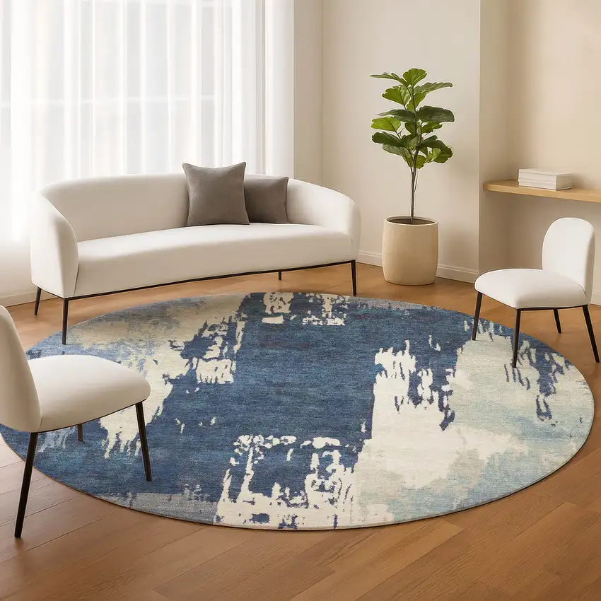 8' Blue And Ivory Round Abstract Washable Indoor Outdoor Area Rug Photo 9