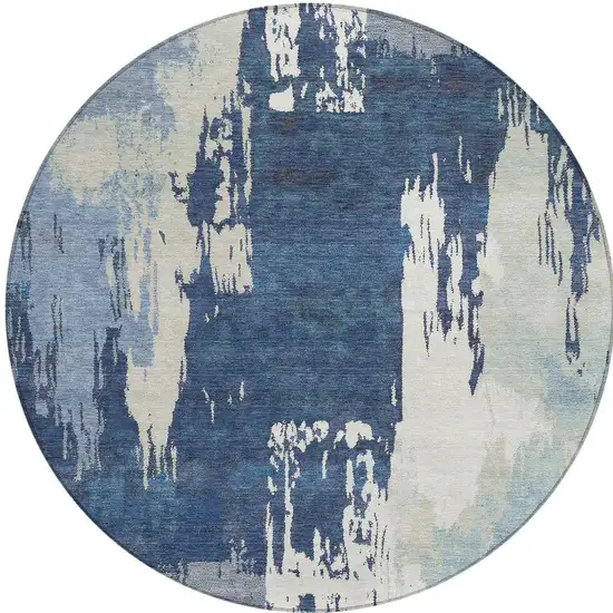 8' Blue And Ivory Round Abstract Washable Indoor Outdoor Area Rug Photo 4
