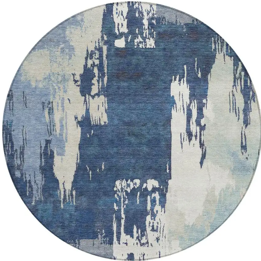 8' Blue And Ivory Round Abstract Washable Indoor Outdoor Area Rug Photo 4