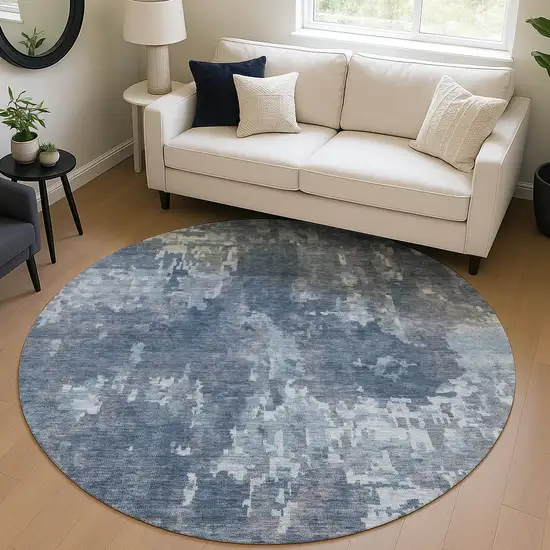 8' Blue And Ivory Round Abstract Washable Indoor Outdoor Area Rug Photo 4