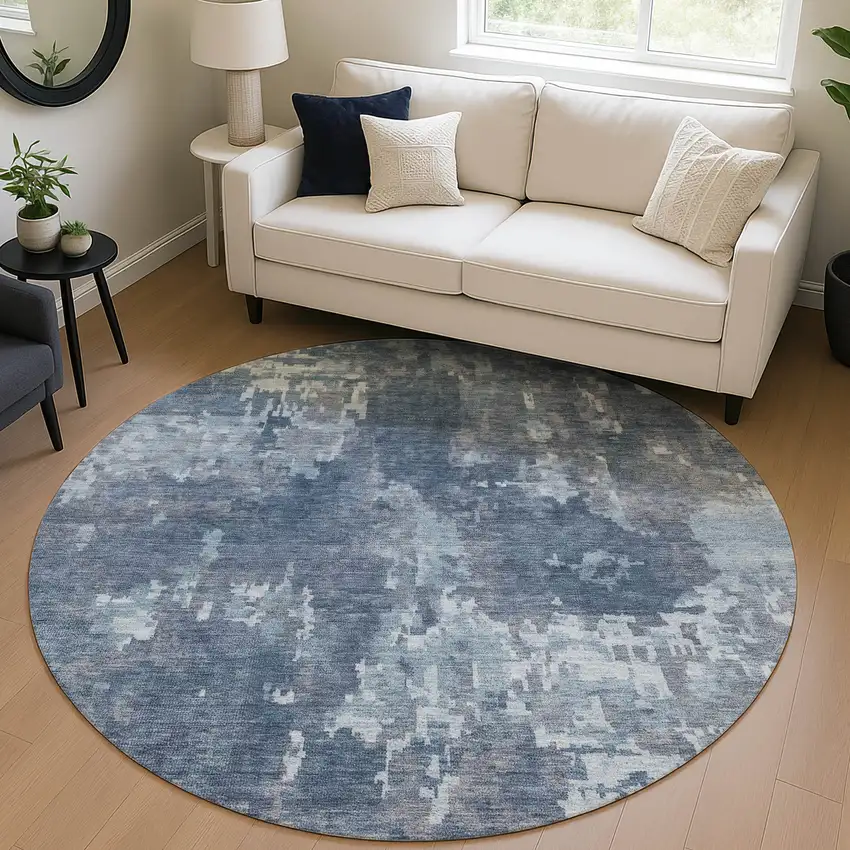 8' Blue And Ivory Round Abstract Washable Indoor Outdoor Area Rug Photo 4