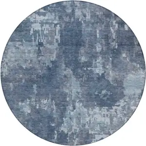 Photo of 8' Blue And Ivory Round Abstract Washable Indoor Outdoor Area Rug