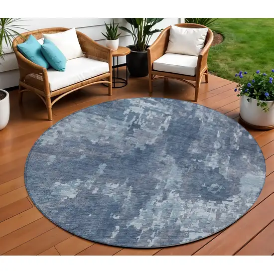8' Blue And Ivory Round Abstract Washable Indoor Outdoor Area Rug Photo 1