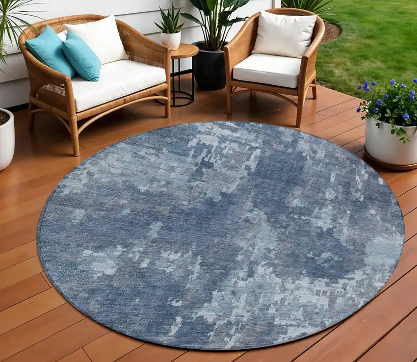 8' Blue And Ivory Round Abstract Washable Indoor Outdoor Area Rug Photo 1