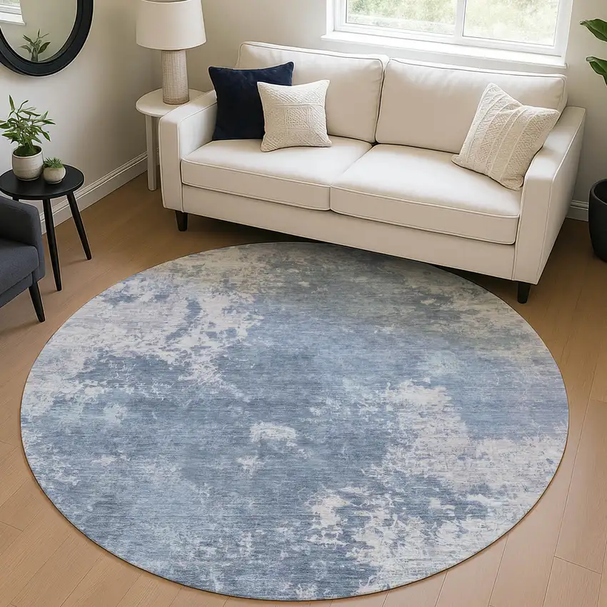 8' Blue And Ivory Round Abstract Washable Indoor Outdoor Area Rug Photo 5