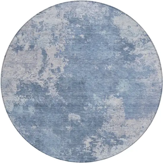 8' Blue And Ivory Round Abstract Washable Indoor Outdoor Area Rug Photo 1
