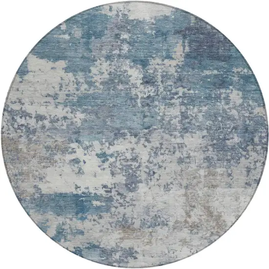 8' Blue And Ivory Round Abstract Washable Indoor Outdoor Area Rug Photo 1