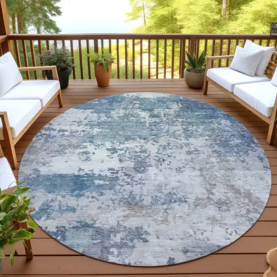 8' Blue And Ivory Round Abstract Washable Indoor Outdoor Area Rug Photo 4