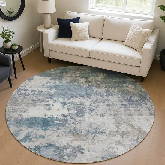 8' Blue And Ivory Round Abstract Washable Indoor Outdoor Area Rug Photo 5