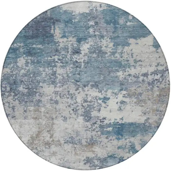 8' Blue And Ivory Round Abstract Washable Indoor Outdoor Area Rug Photo 3