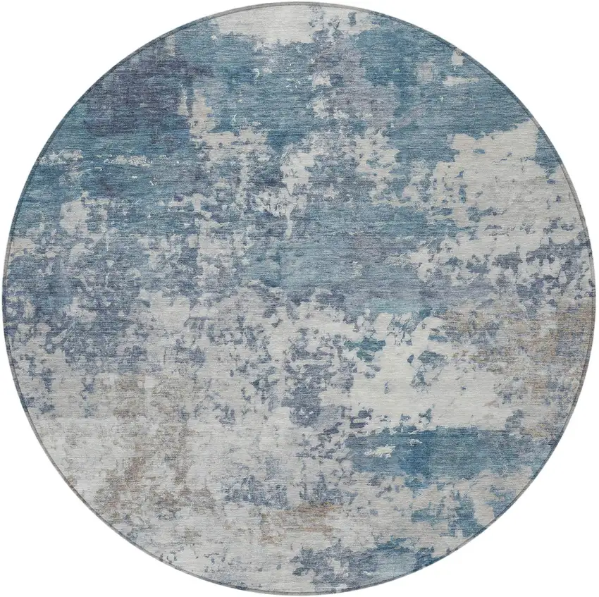 8' Blue And Ivory Round Abstract Washable Indoor Outdoor Area Rug Photo 3