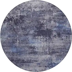 Photo of 8' Blue And Ivory Round Abstract Washable Indoor Outdoor Area Rug