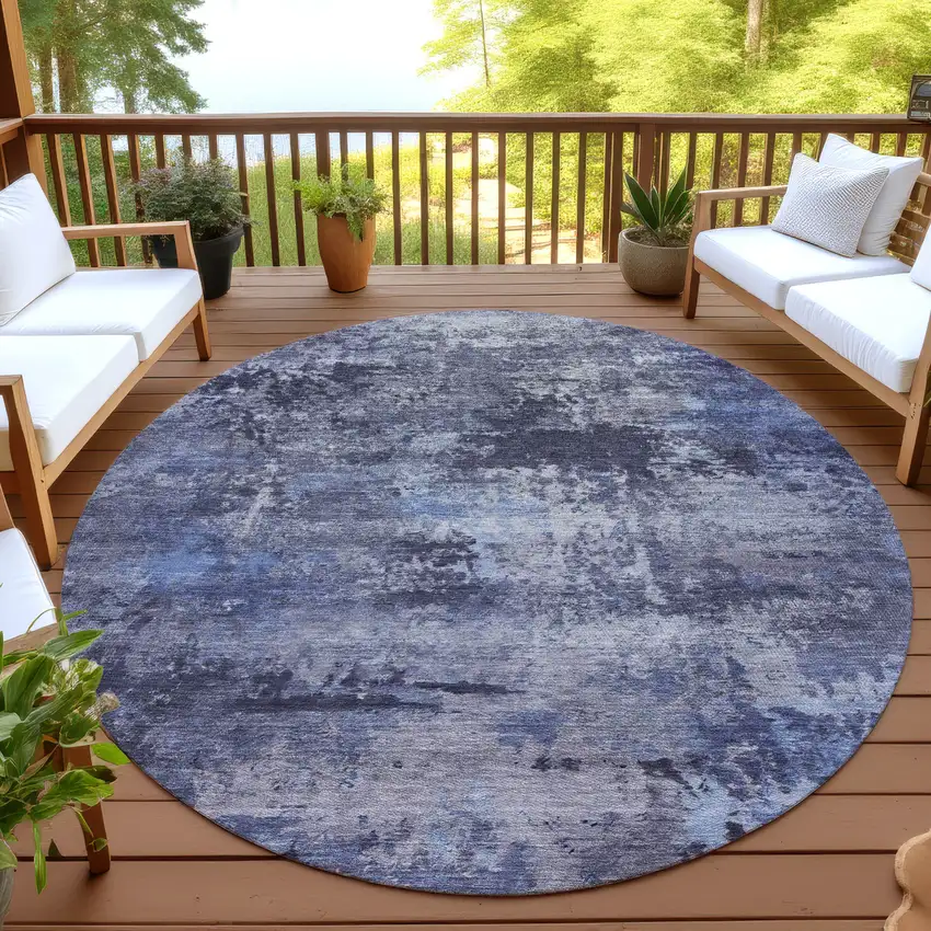 8' Blue And Ivory Round Abstract Washable Indoor Outdoor Area Rug Photo 4
