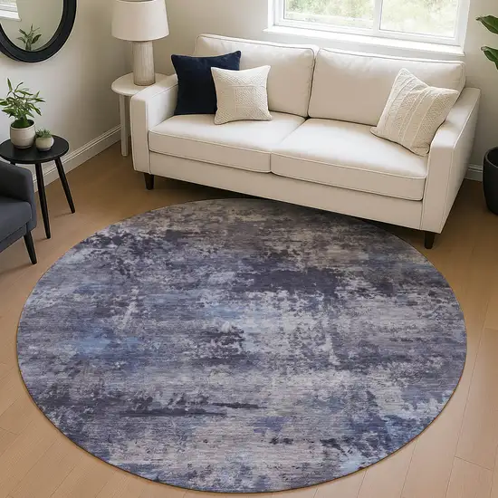 8' Blue And Ivory Round Abstract Washable Indoor Outdoor Area Rug Photo 5