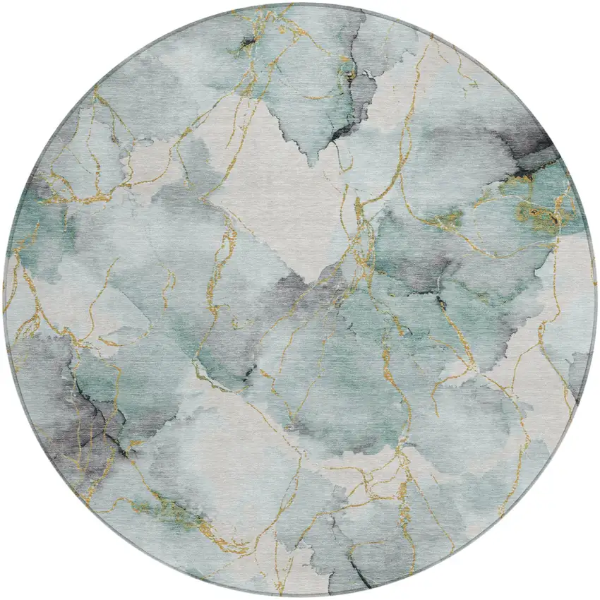 8' Blue And Ivory Round Abstract Washable Indoor Outdoor Area Rug Photo 1