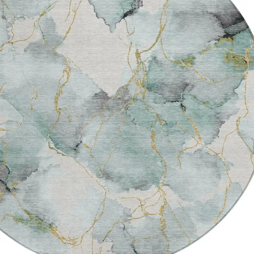 8' Blue And Ivory Round Abstract Washable Indoor Outdoor Area Rug Photo 2