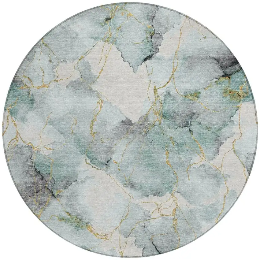 8' Blue And Ivory Round Abstract Washable Indoor Outdoor Area Rug Photo 3
