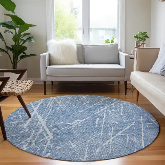 8' Blue And Ivory Round Abstract Washable Indoor Outdoor Area Rug Photo 6