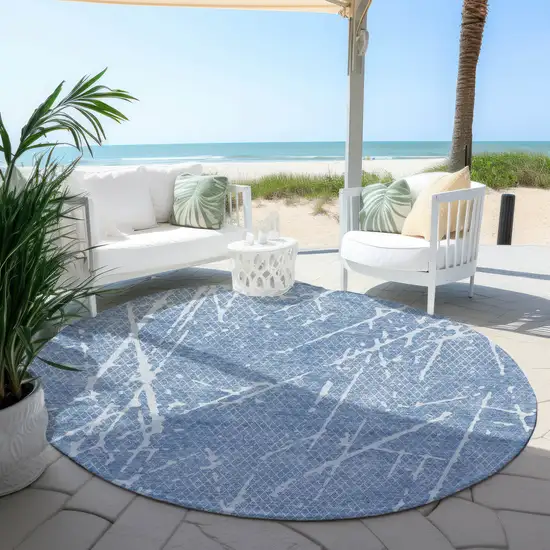 8' Blue And Ivory Round Abstract Washable Indoor Outdoor Area Rug Photo 5