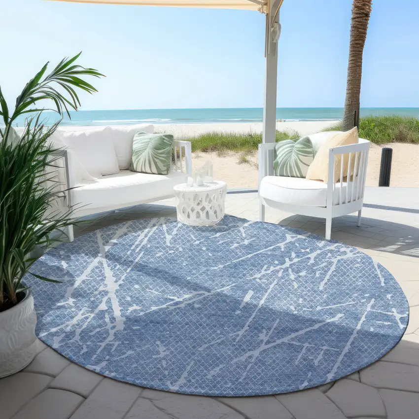 8' Blue And Ivory Round Abstract Washable Indoor Outdoor Area Rug Photo 5