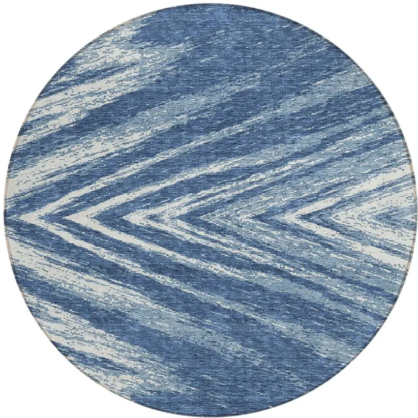 8' Blue And Ivory Round Abstract Washable Indoor Outdoor Area Rug Photo 5