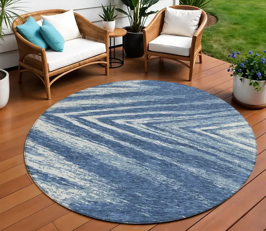 8' Blue And Ivory Round Abstract Washable Indoor Outdoor Area Rug Photo 1