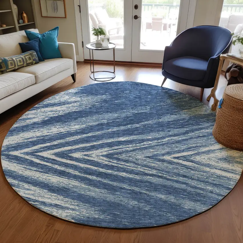 8' Blue And Ivory Round Abstract Washable Indoor Outdoor Area Rug Photo 7