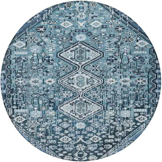 8' Blue And Ivory Round Aztec Washable Indoor Outdoor Area Rug Photo 3