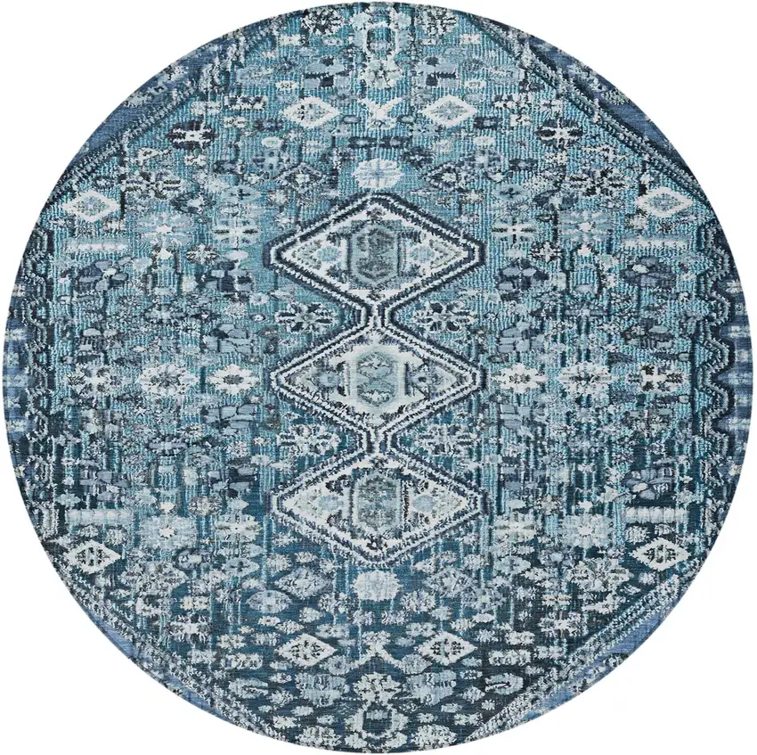 8' Blue And Ivory Round Aztec Washable Indoor Outdoor Area Rug Photo 3