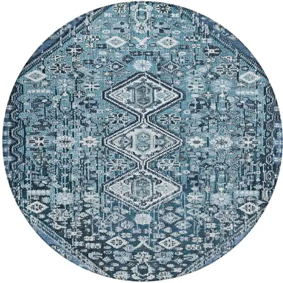 8' Blue And Ivory Round Aztec Washable Indoor Outdoor Area Rug Photo 4