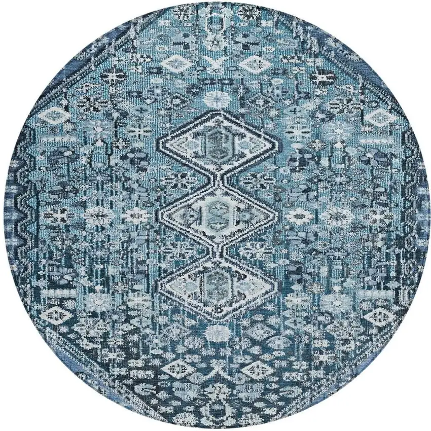 8' Blue And Ivory Round Aztec Washable Indoor Outdoor Area Rug Photo 4