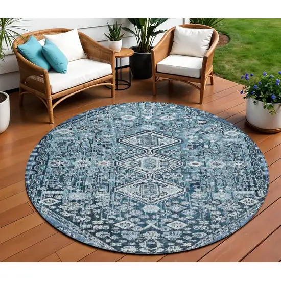 8' Blue And Ivory Round Aztec Washable Indoor Outdoor Area Rug Photo 2
