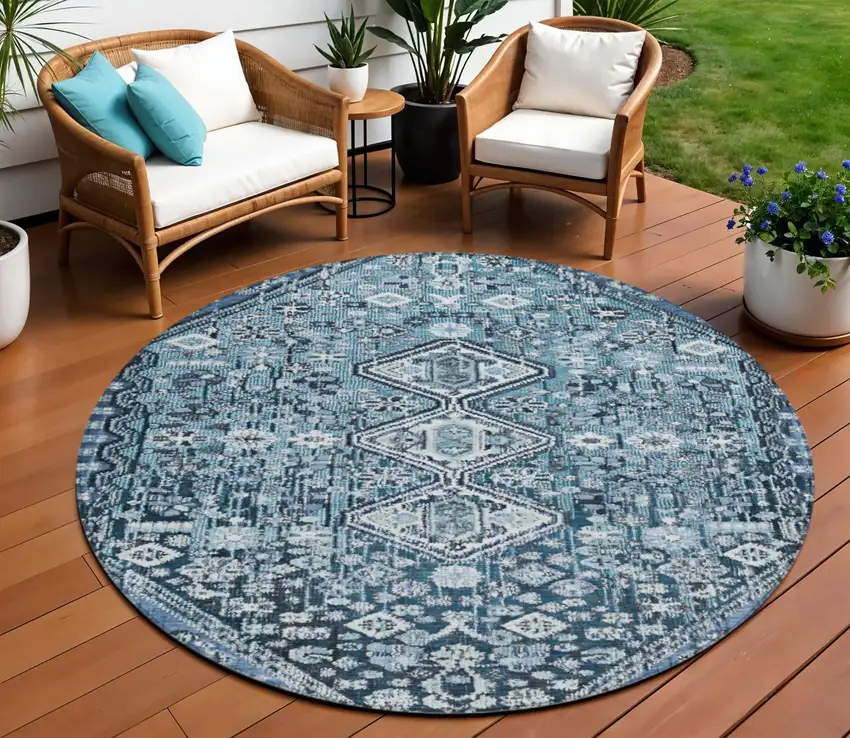 8' Blue And Ivory Round Aztec Washable Indoor Outdoor Area Rug Photo 2