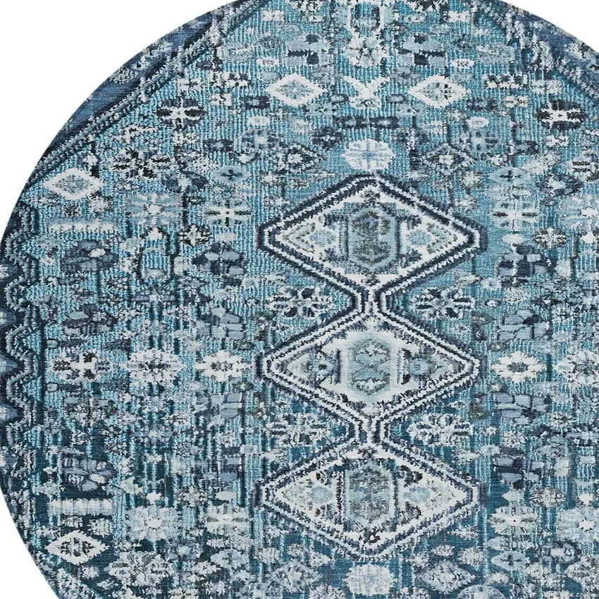 8' Blue And Ivory Round Aztec Washable Indoor Outdoor Area Rug Photo 8