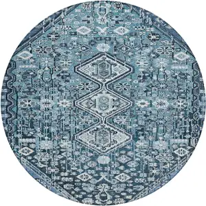 Photo of 8' Blue And Ivory Round Aztec Washable Indoor Outdoor Area Rug