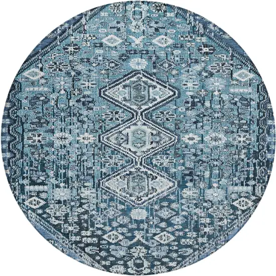 8' Blue And Ivory Round Aztec Washable Indoor Outdoor Area Rug Photo 1