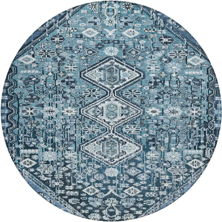8' Blue And Ivory Round Aztec Washable Indoor Outdoor Area Rug Photo 1