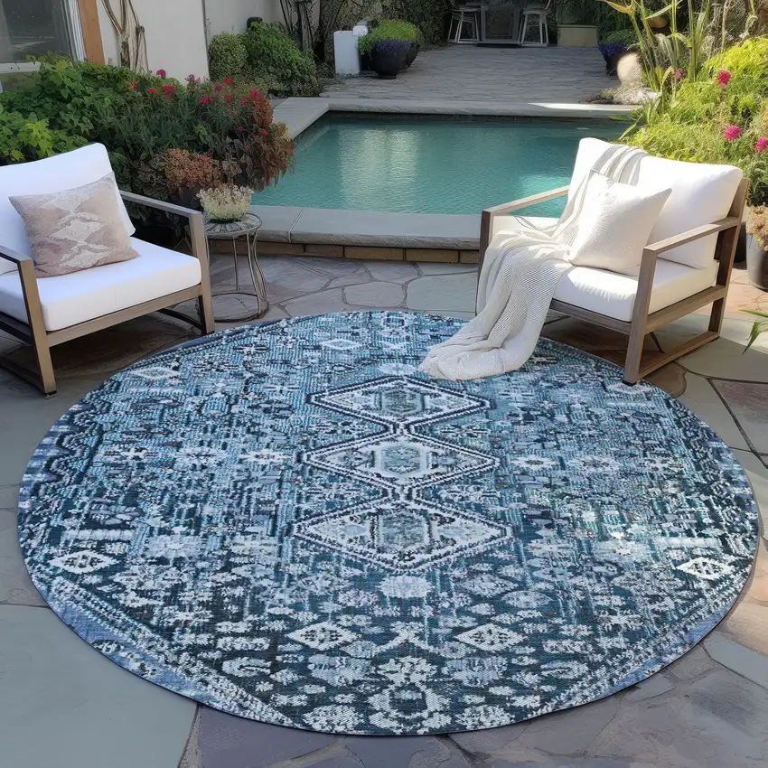 8' Blue And Ivory Round Aztec Washable Indoor Outdoor Area Rug Photo 5