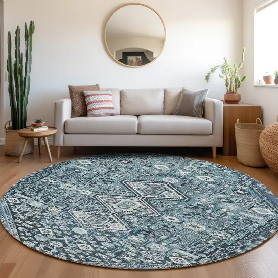 8' Blue And Ivory Round Aztec Washable Indoor Outdoor Area Rug Photo 6