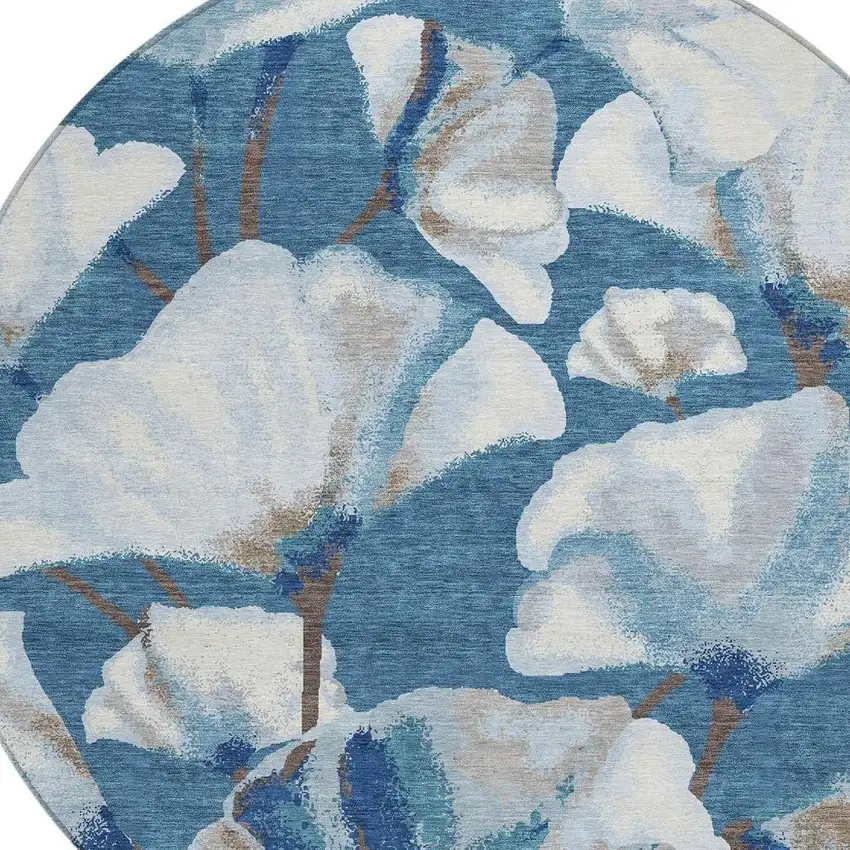 8' Blue And Ivory Round Botanical Leaves Washable Indoor Outdoor Area Rug Photo 2