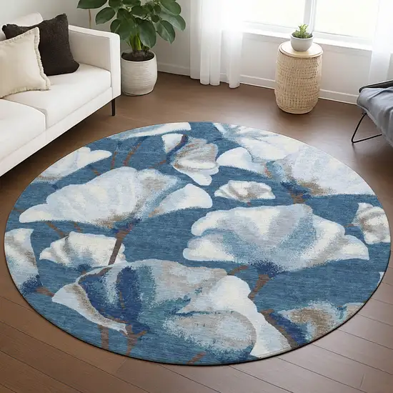 8' Blue And Ivory Round Botanical Leaves Washable Indoor Outdoor Area Rug Photo 5