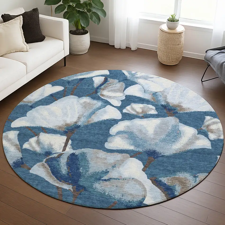 8' Blue And Ivory Round Botanical Leaves Washable Indoor Outdoor Area Rug Photo 5