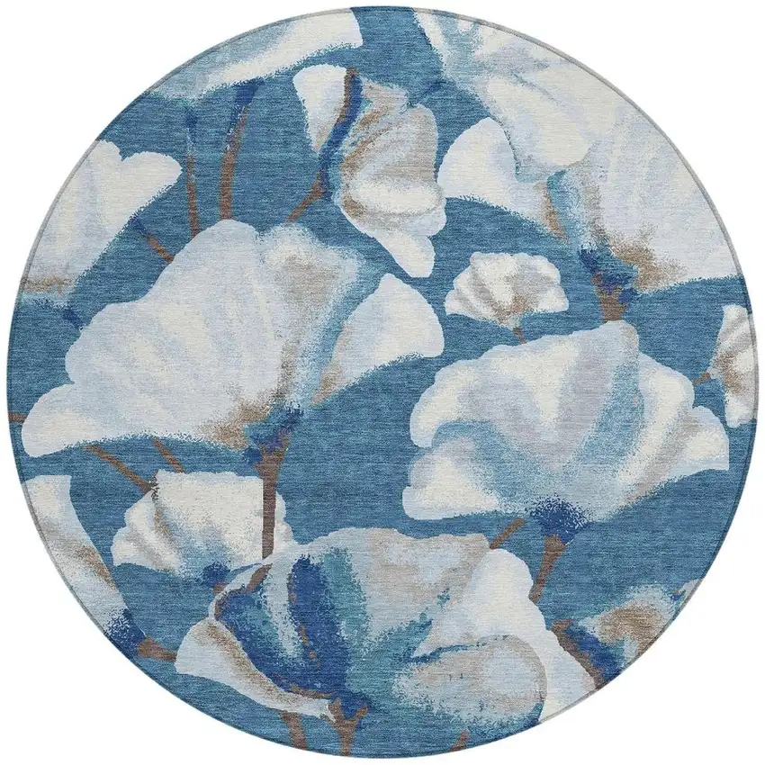 8' Blue And Ivory Round Botanical Leaves Washable Indoor Outdoor Area Rug Photo 3