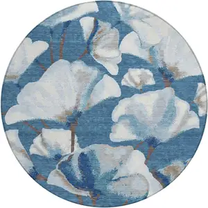 Photo of 8' Blue And Ivory Round Botanical Leaves Washable Indoor Outdoor Area Rug