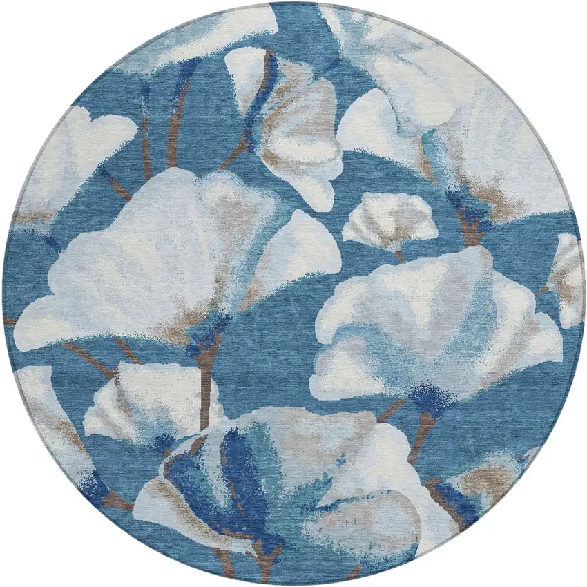 8' Blue And Ivory Round Botanical Leaves Washable Indoor Outdoor Area Rug Photo 1
