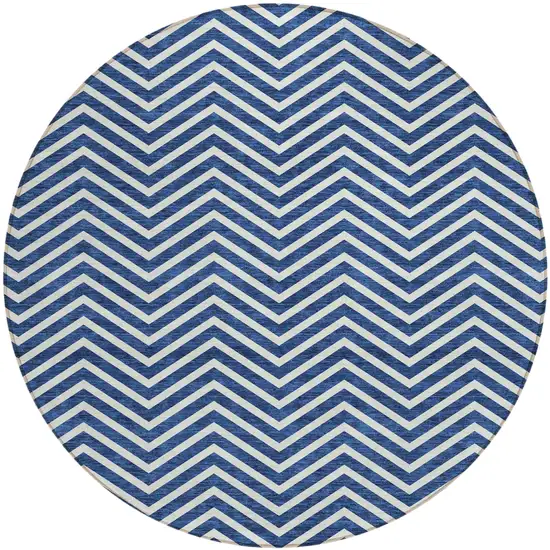 8' Blue And Ivory Round Chevron Washable Indoor Outdoor Area Rug Photo 2