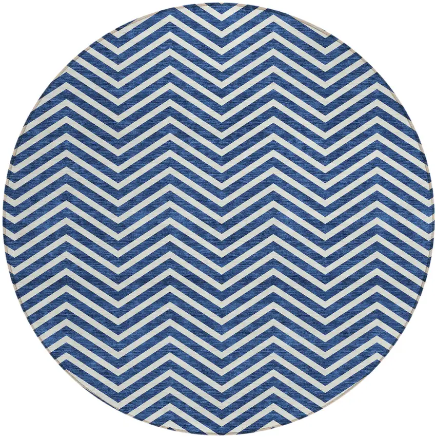 8' Blue And Ivory Round Chevron Washable Indoor Outdoor Area Rug Photo 2